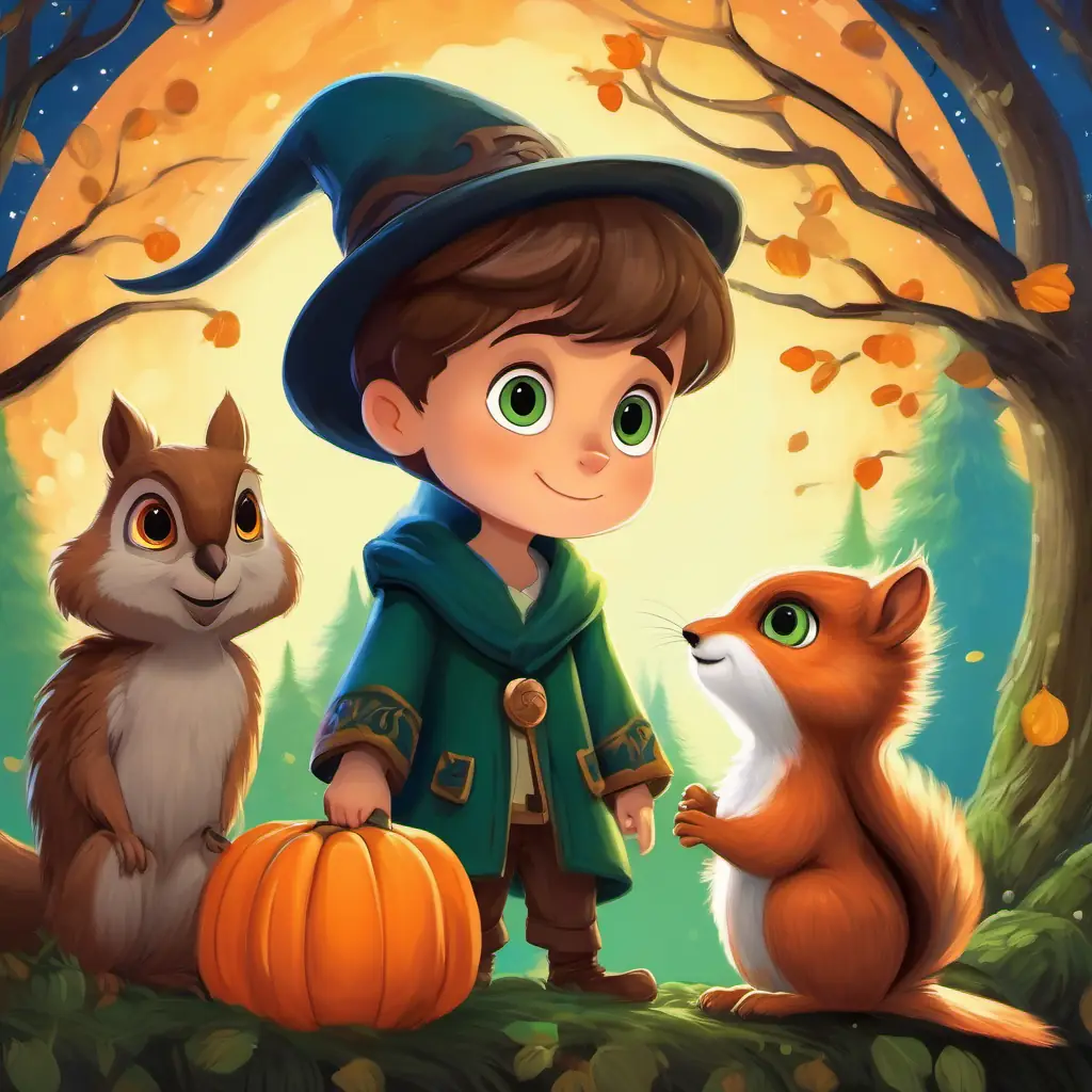 A little boy with brown hair and sparkling green eyes and A talking squirrel with bright orange fur and sparkly blue eyes meeting the wise old owl with white feathers and big, round, wise eyes.