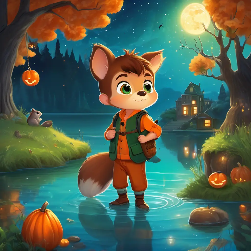 A little boy with brown hair and sparkling green eyes and A talking squirrel with bright orange fur and sparkly blue eyes discovering the hidden lake with crystal clear waters and shimmering under the moonlight.