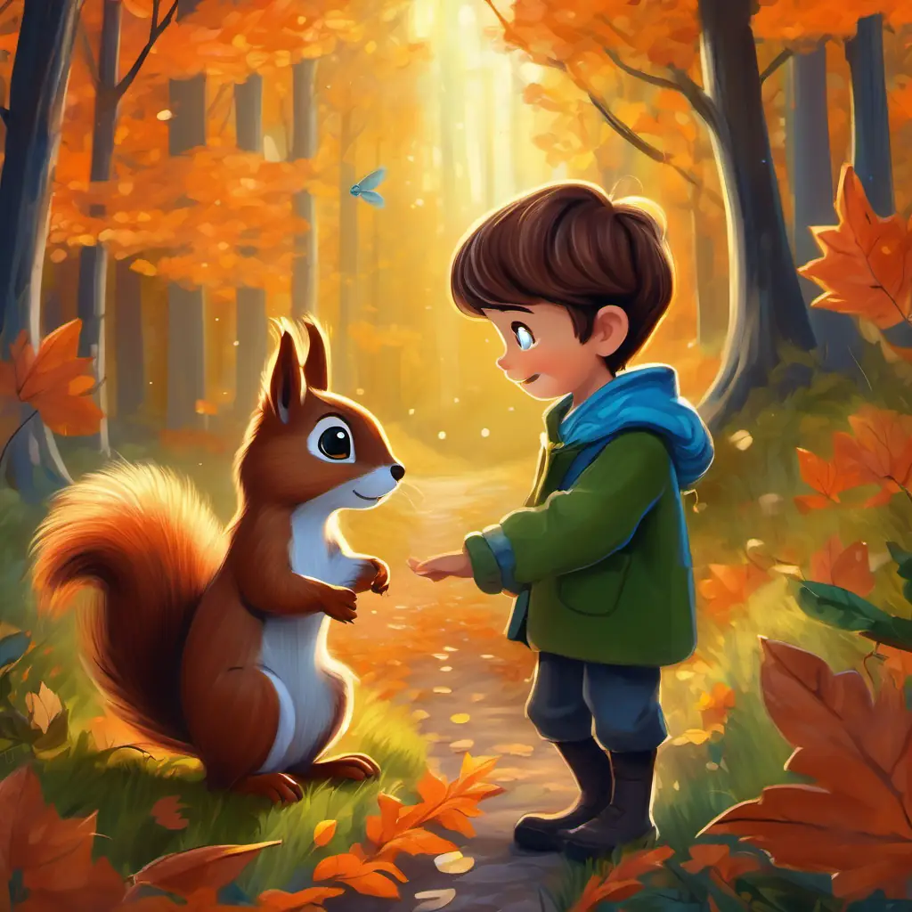 A little boy with brown hair and sparkling green eyes saying goodbye to A talking squirrel with bright orange fur and sparkly blue eyes and feeling grateful for the magical moments in the enchanted forest.