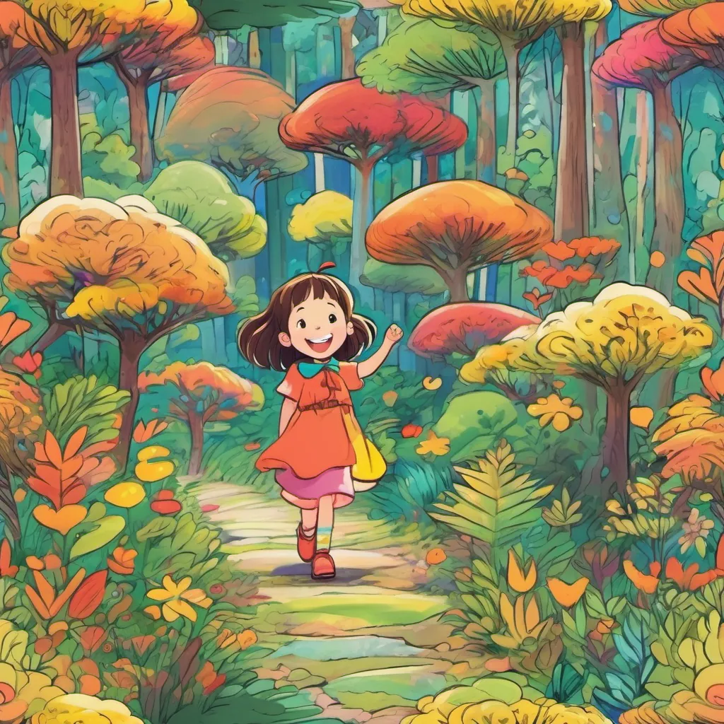 a bright forest with tall trees and a happy little girl named a happy little girl with a bright smile, adventurous and full of delight, wearing colorful clothes, smiling and joyful