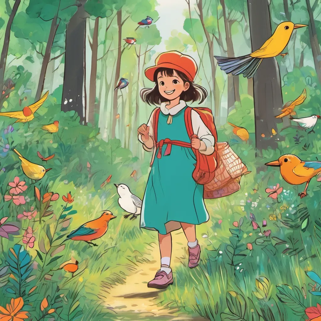 a happy little girl with a bright smile, adventurous and full of delight, wearing colorful clothes wandering through the woods, surrounded by tall trees and birds, laughing with joy