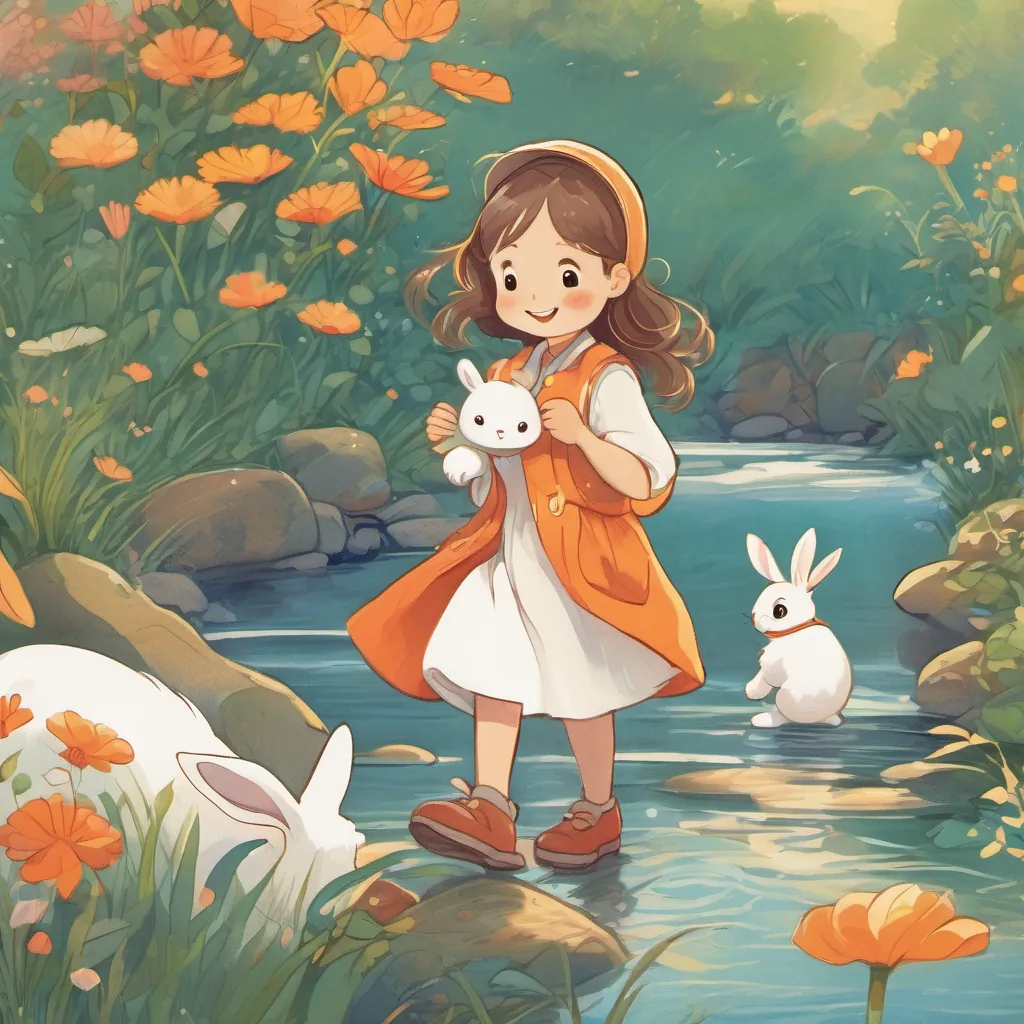 a happy little girl with a bright smile, adventurous and full of delight, wearing colorful clothes and a fluffy white rabbit with twinkling eyes and a joyful expression, always humming and hopping around sitting by the stream as the sky turns orange, feeling content and happy