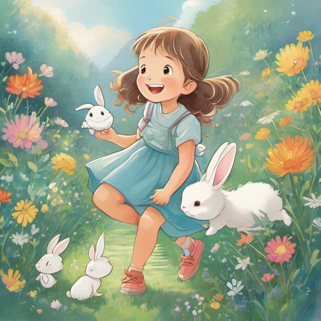 a happy little girl with a bright smile, adventurous and full of delight, wearing colorful clothes and a fluffy white rabbit with twinkling eyes and a joyful expression, always humming and hopping around holding hands and paw, whispering happily and promising eternal friendship