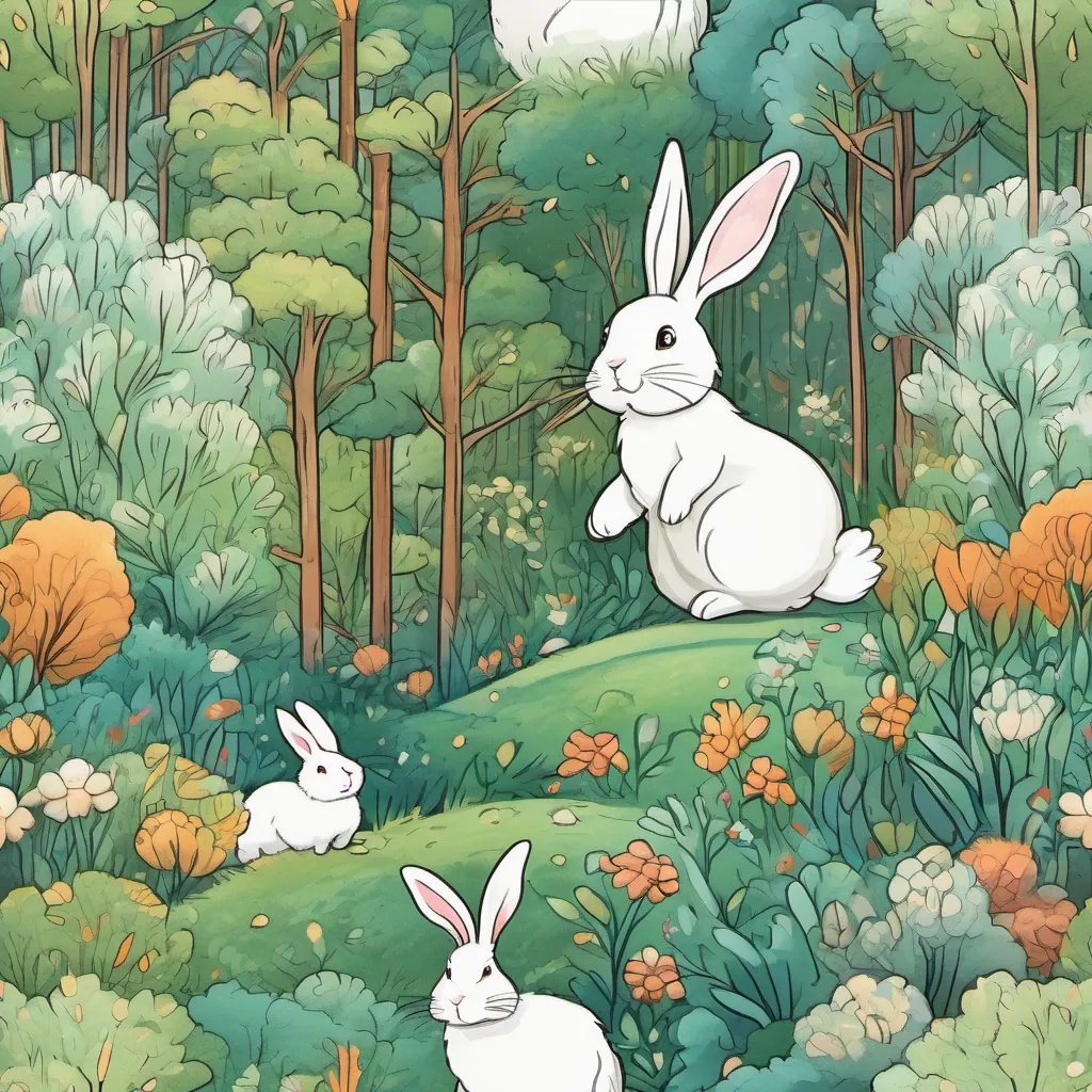 a fluffy rabbit named a fluffy white rabbit with twinkling eyes and a joyful expression, always humming and hopping around, hopping happily through the forest with a content expression