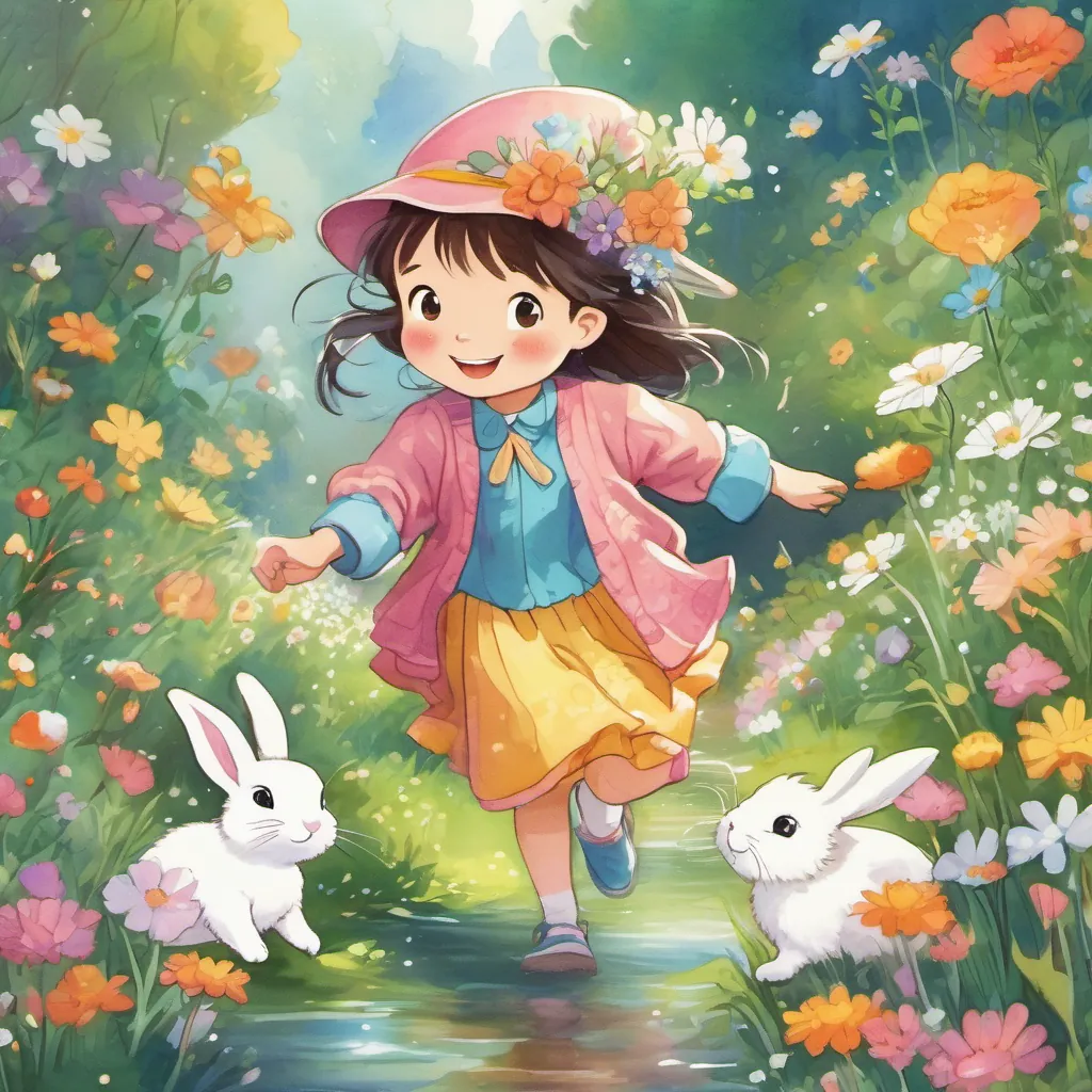 a happy little girl with a bright smile, adventurous and full of delight, wearing colorful clothes and a fluffy white rabbit with twinkling eyes and a joyful expression, always humming and hopping around meeting by a sparkling stream, surrounded by dancing flowers and sunlight