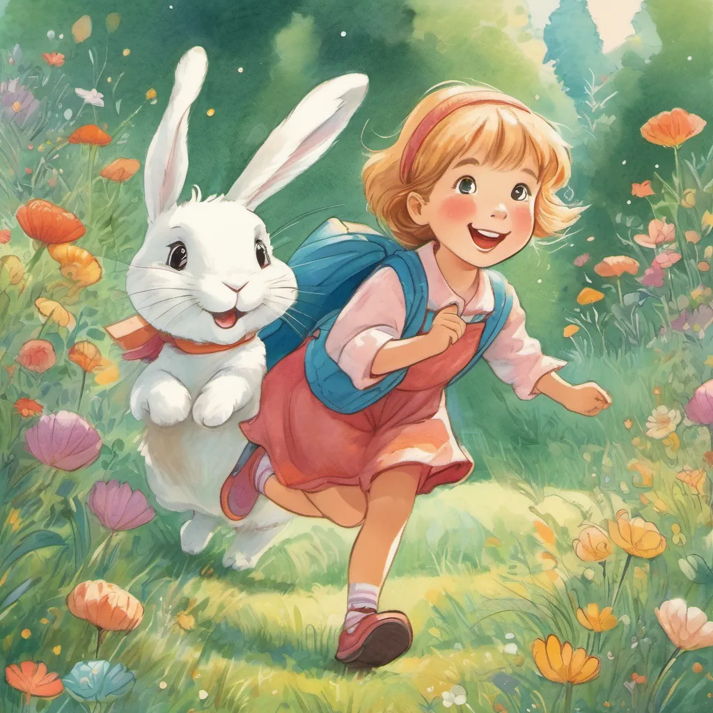 a happy little girl with a bright smile, adventurous and full of delight, wearing colorful clothes speaking joyfully to the rabbit a fluffy white rabbit with twinkling eyes and a joyful expression, always humming and hopping around, inviting him to play in the meadow