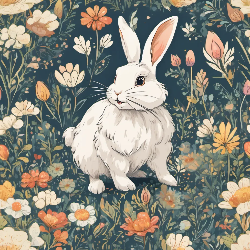 a fluffy white rabbit with twinkling eyes and a joyful expression, always humming and hopping around the rabbit with twinkling eyes and ears flicking, ready to leap and play