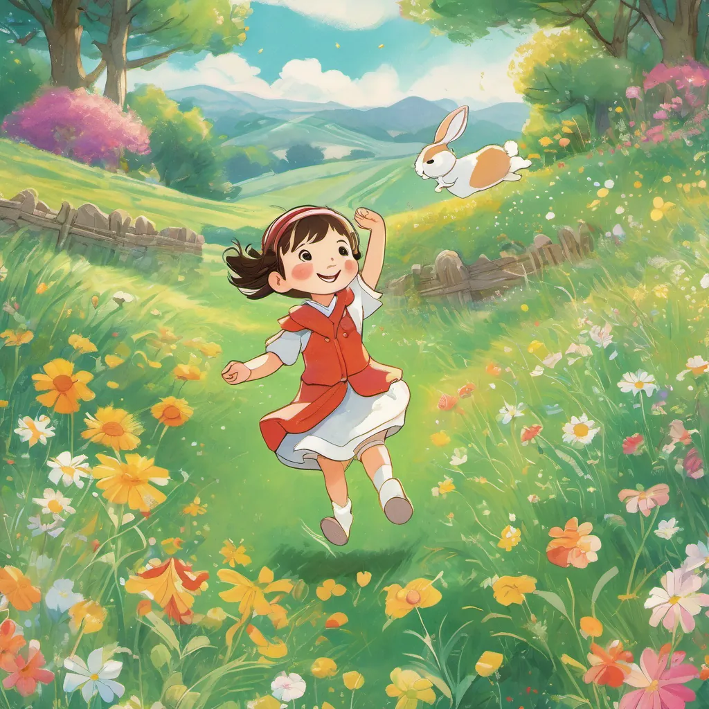 a happy little girl with a bright smile, adventurous and full of delight, wearing colorful clothes and a fluffy white rabbit with twinkling eyes and a joyful expression, always humming and hopping around skipping, dancing, and spinning under the golden sun in the green meadow