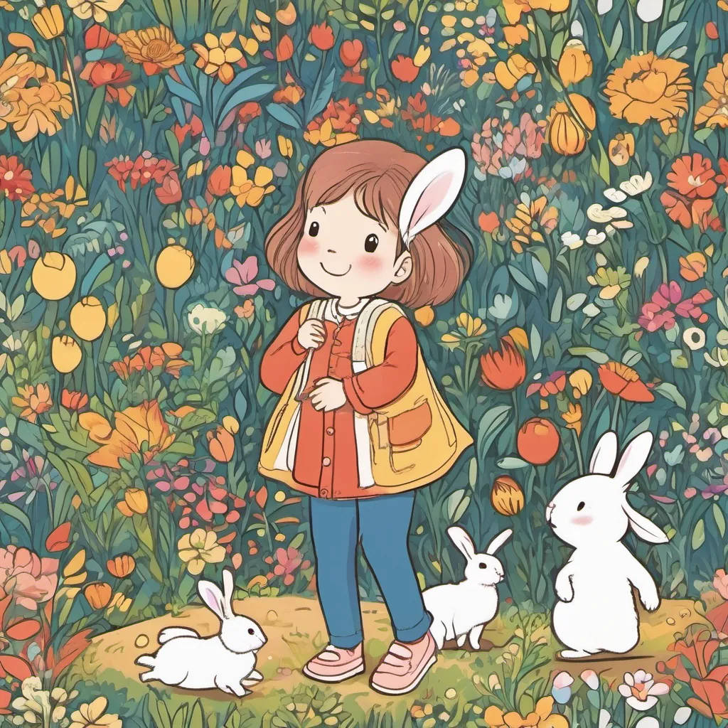 a happy little girl with a bright smile, adventurous and full of delight, wearing colorful clothes and a fluffy white rabbit with twinkling eyes and a joyful expression, always humming and hopping around playing hide and seek and tag, laughing and giggling loudly