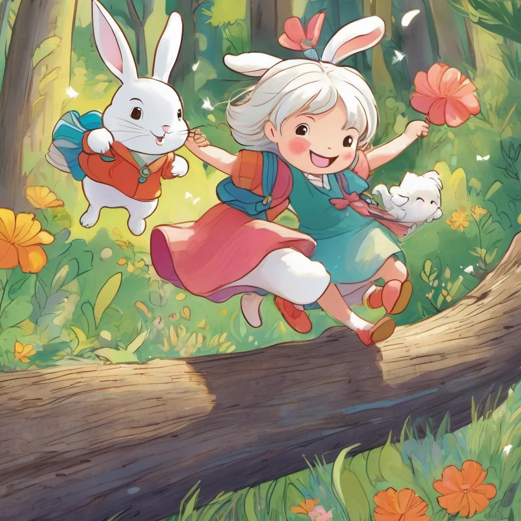 a happy little girl with a bright smile, adventurous and full of delight, wearing colorful clothes balancing gracefully on a log while a fluffy white rabbit with twinkling eyes and a joyful expression, always humming and hopping around watches in amazement