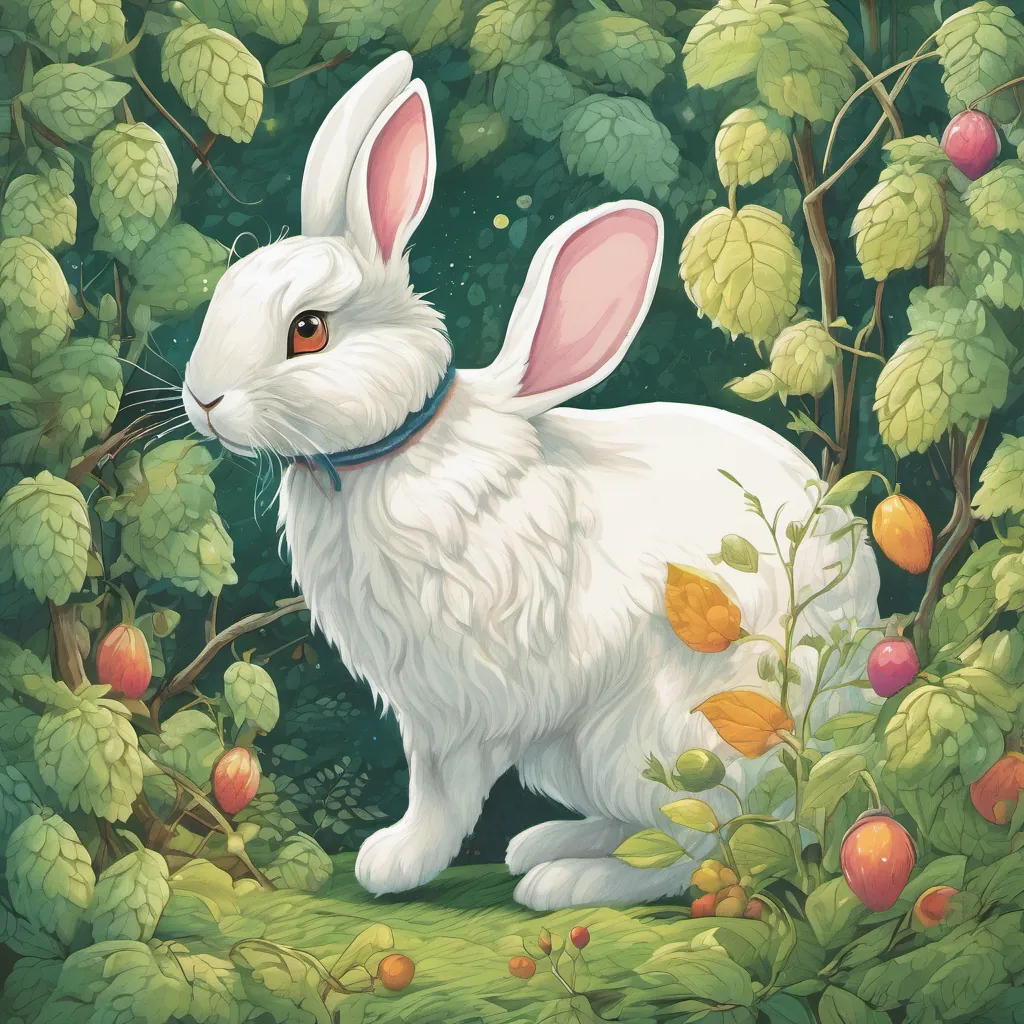 a fluffy white rabbit with twinkling eyes and a joyful expression, always humming and hopping around weaving through vines in the forest with swift and perfect hops