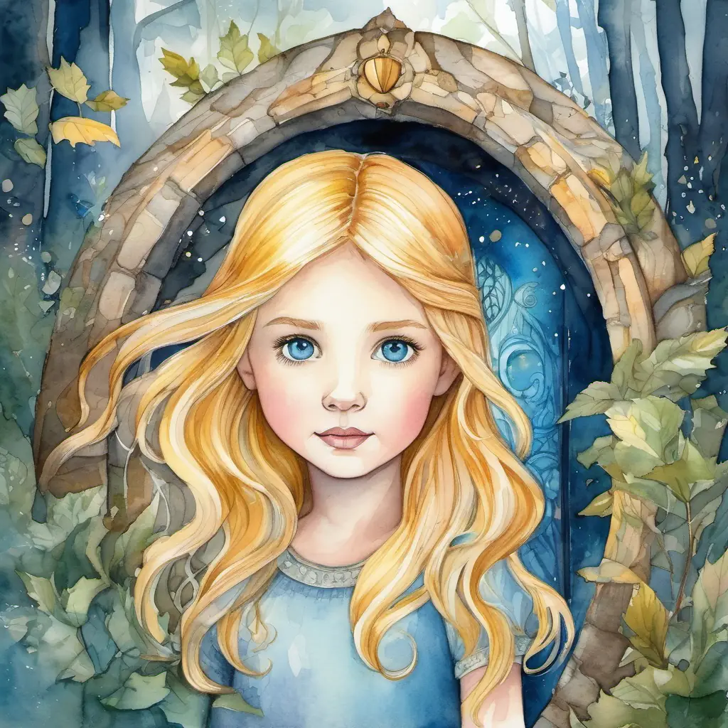 a brave and curious girl with sparkling blue eyes and golden hair stands in front of a mysterious portal in the enchanted forest