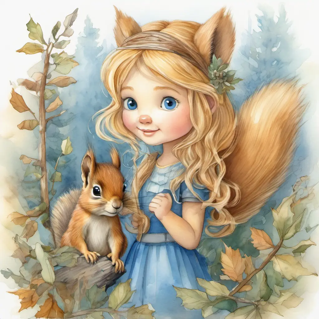 a brave and curious girl with sparkling blue eyes and golden hair frees a squirrel with soft brown fur and a mischievous glint in its eyes the squirrel from a thorny bush in the magical realm