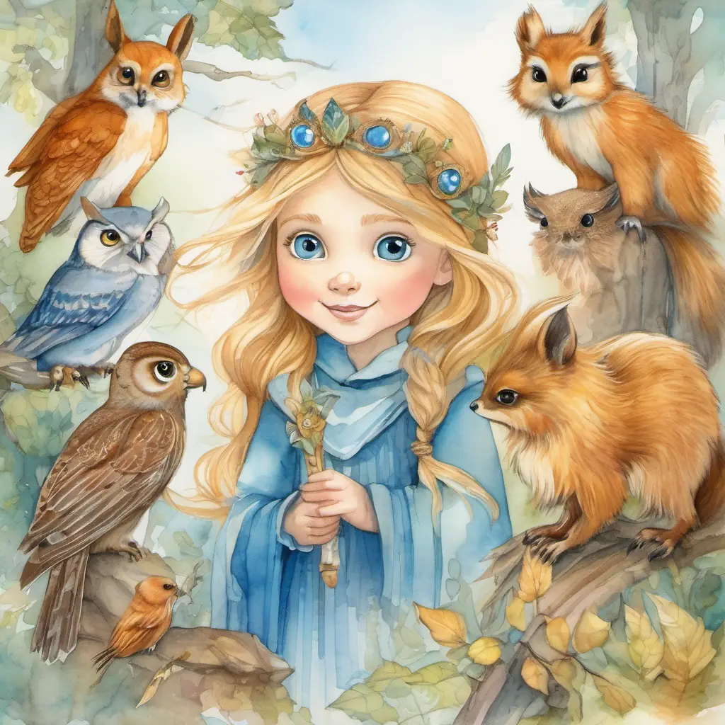 a brave and curious girl with sparkling blue eyes and golden hair and a squirrel with soft brown fur and a mischievous glint in its eyes meet wise owls, mischievous foxes, shimmering fairies, and majestic dragons