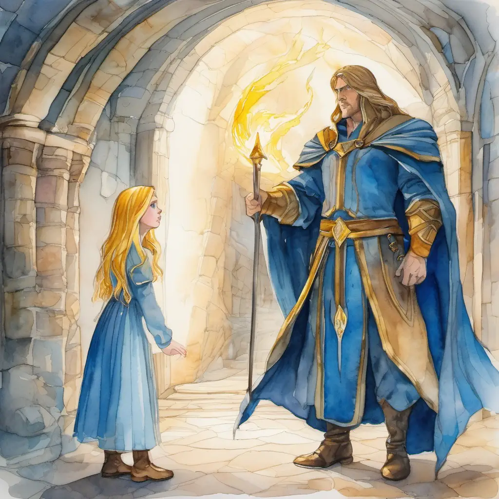 a brave and curious girl with sparkling blue eyes and golden hair confronts the evil sorcerer in his hidden lair