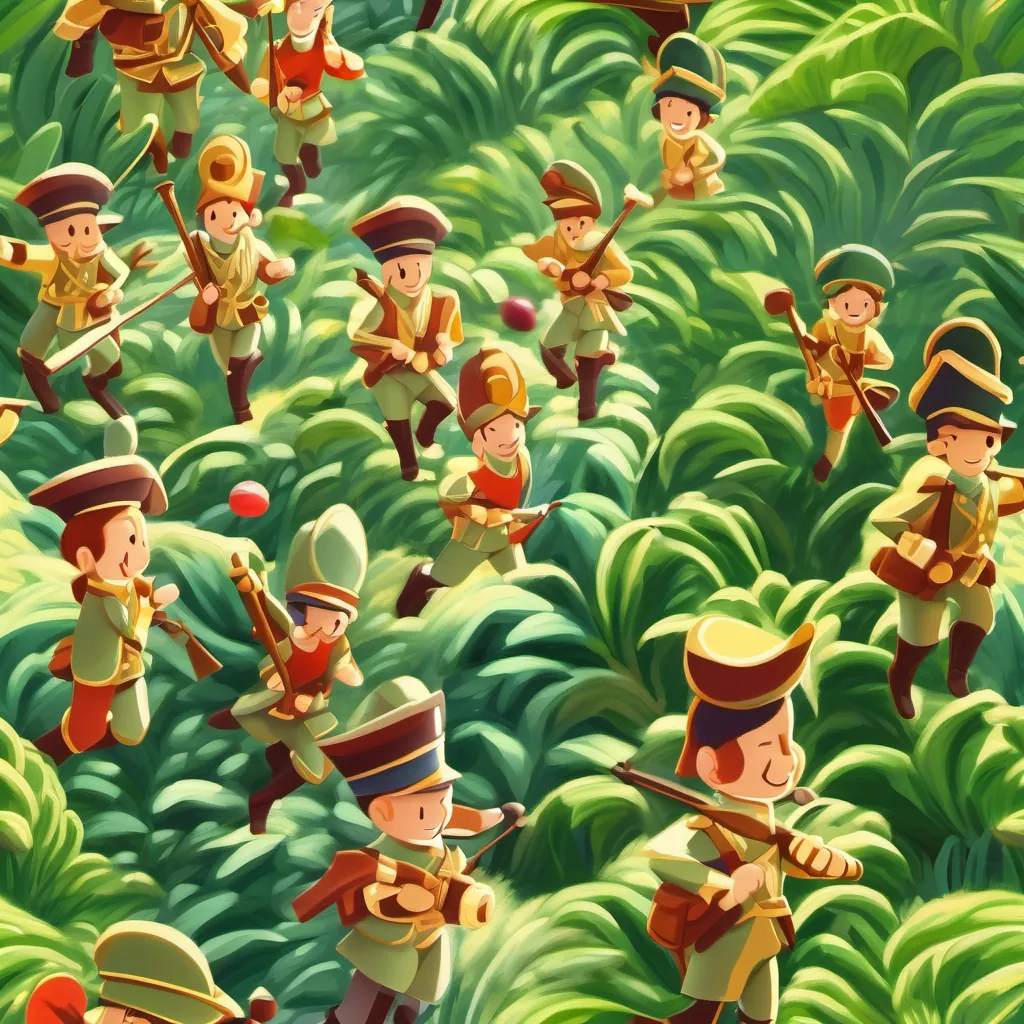 A group of playful, happy toy soldiers marching under a bright and smiling sun, surrounded by lush greenery.