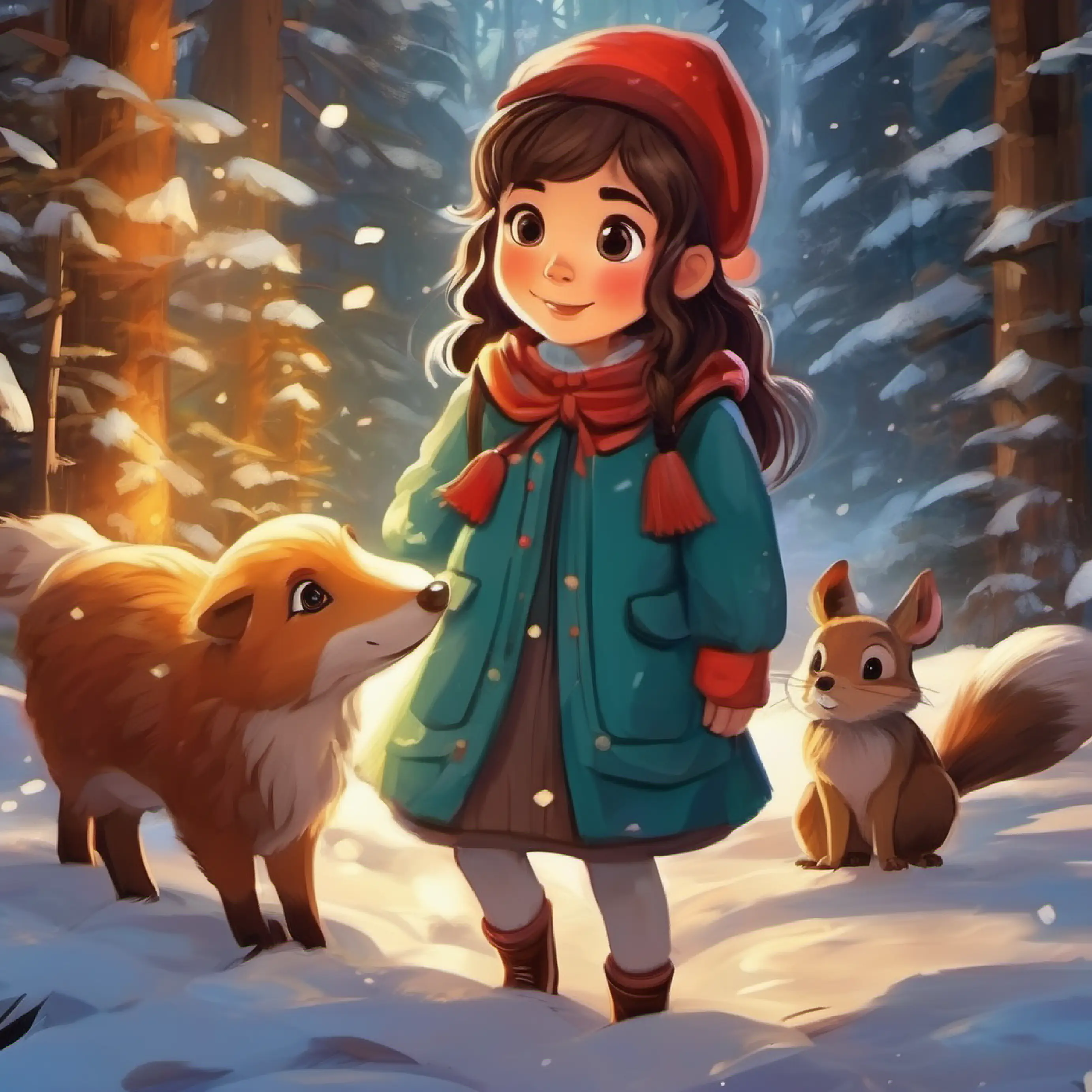 Animals share the forest's secrets with Kind-hearted little girl, long brown hair, hazel eyes.