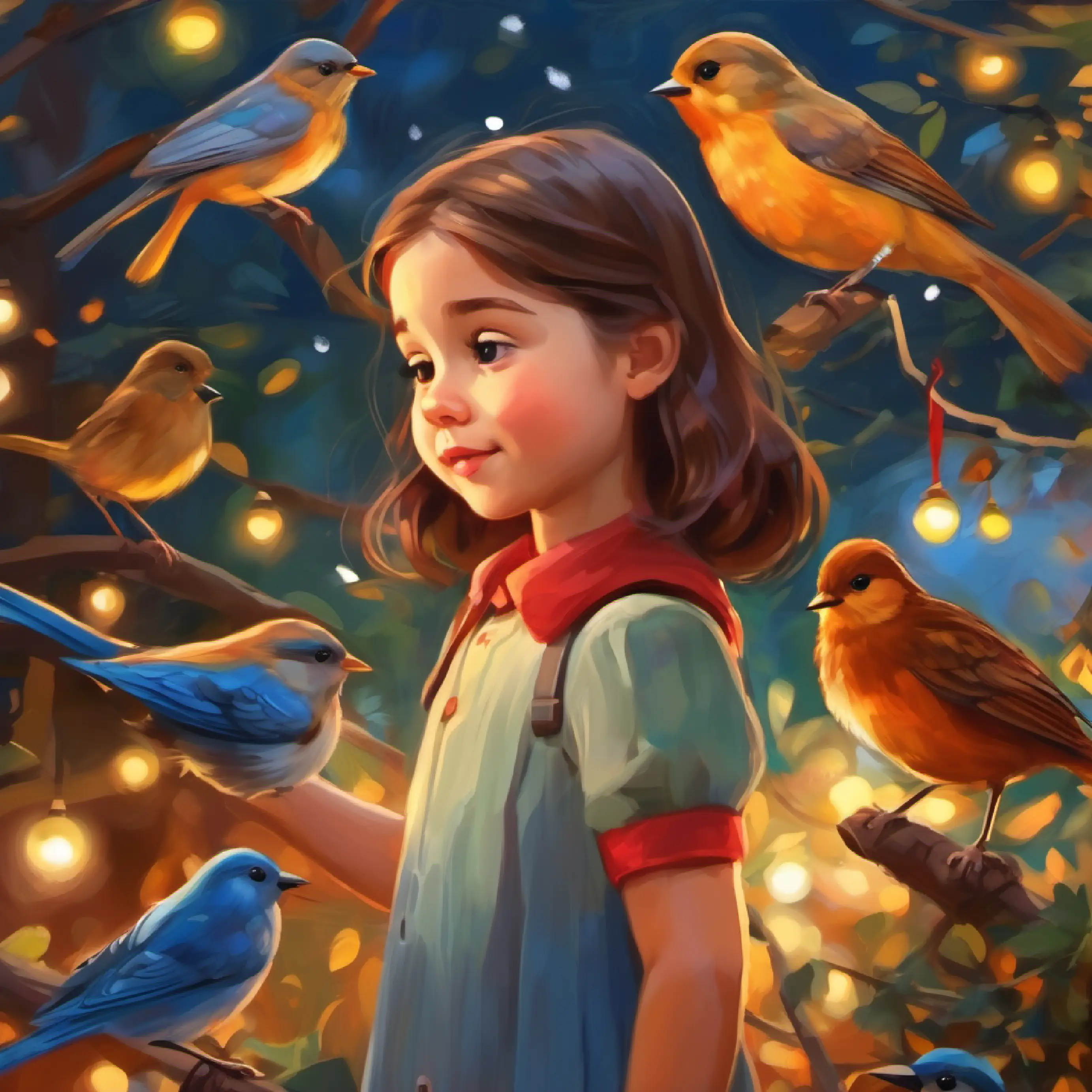 Kind-hearted little girl, long brown hair, hazel eyes interacting with birds, describing their communication.