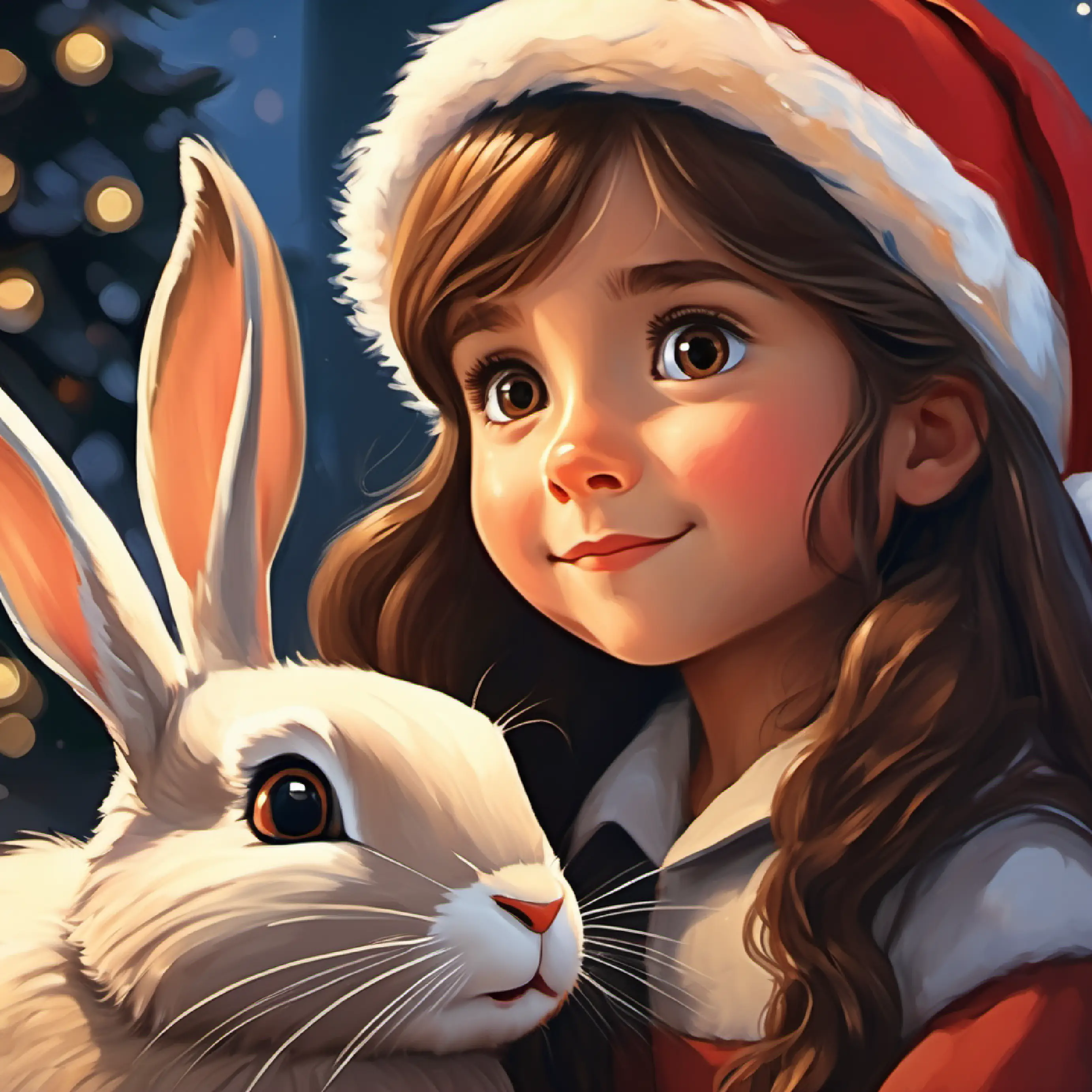 Kind-hearted little girl, long brown hair, hazel eyes meets Shy rabbit, soft brown fur, gentle brown eyes the rabbit, who needs help.
