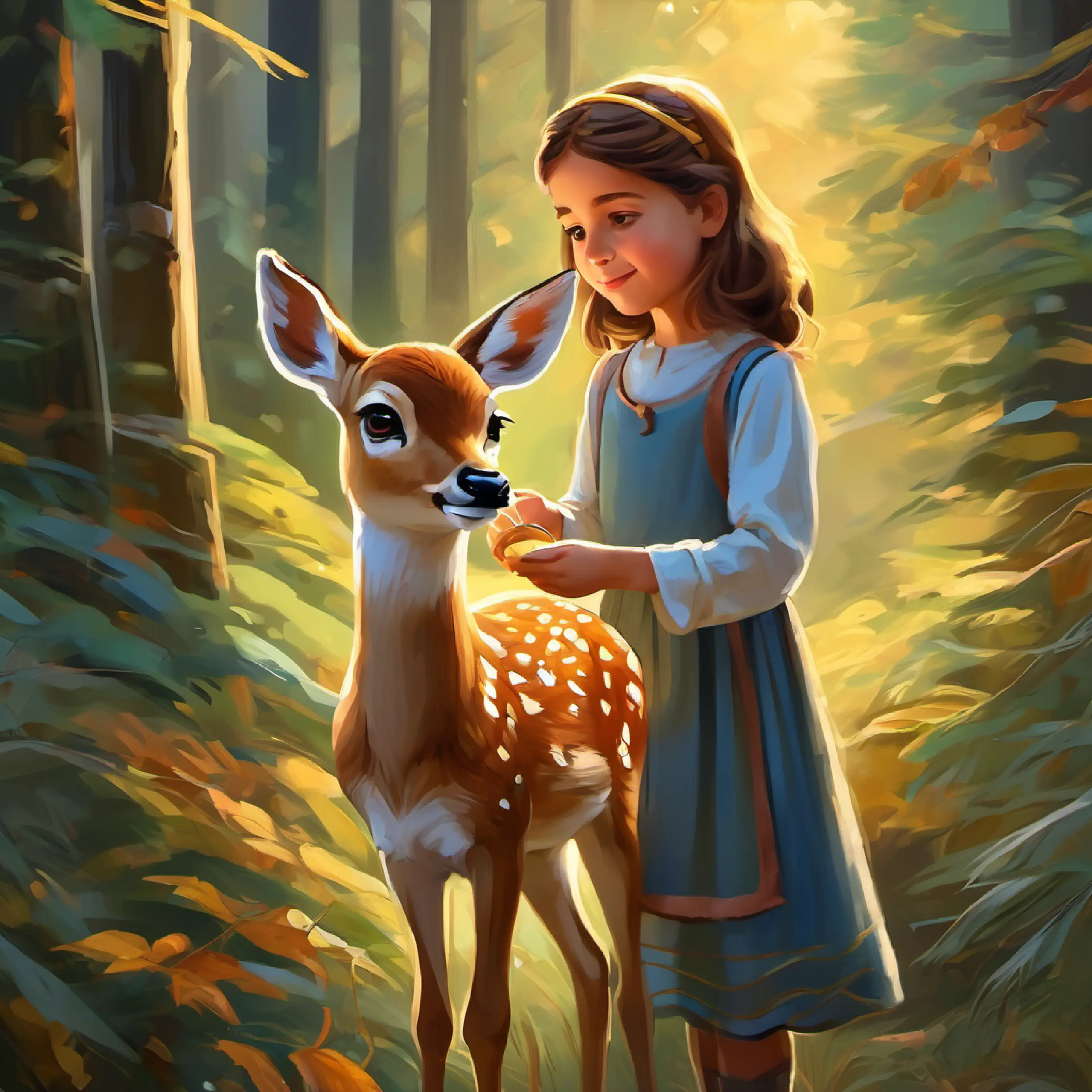 Kind-hearted little girl, long brown hair, hazel eyes helps the fawn and goes to get salve.