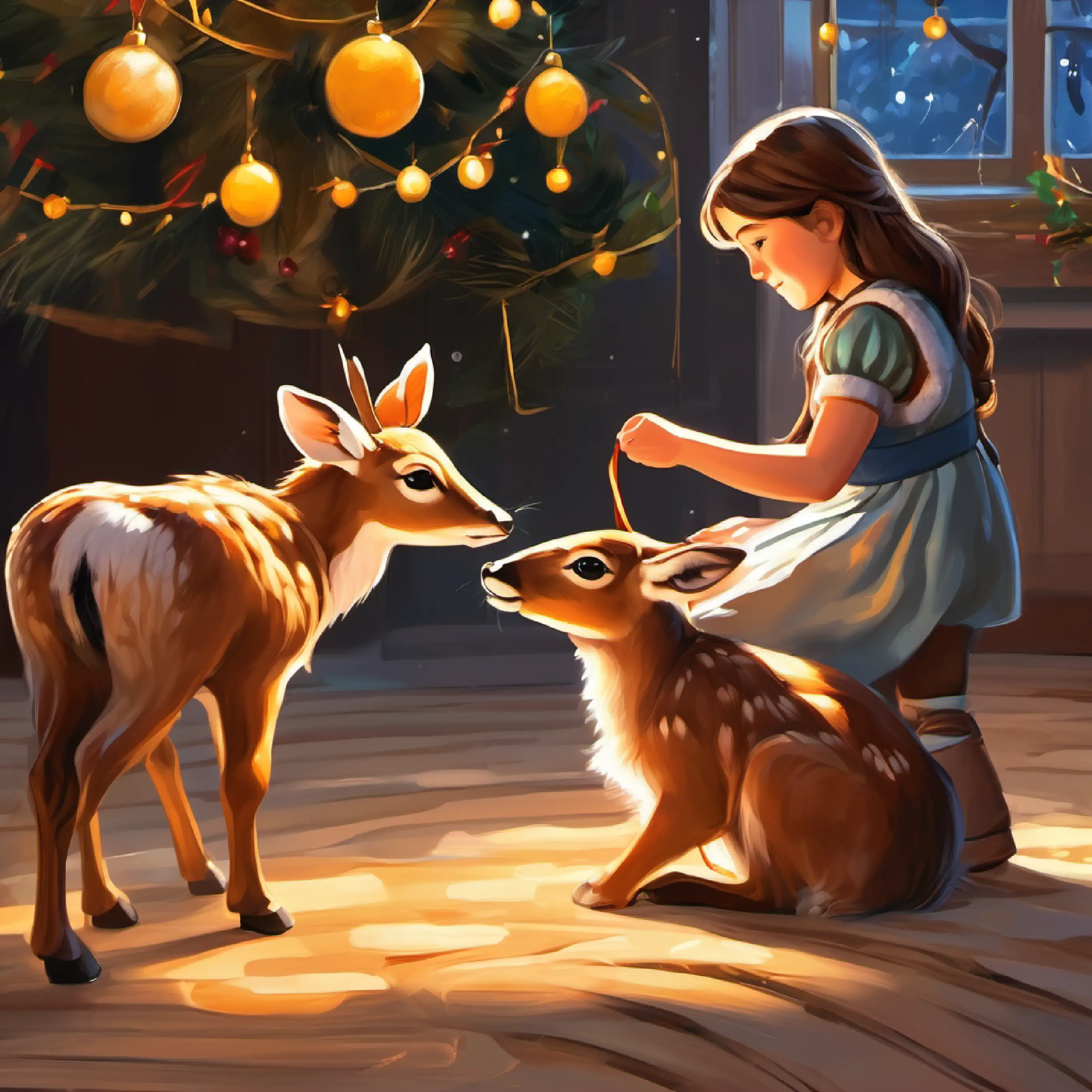 Kind-hearted little girl, long brown hair, hazel eyes treating the fawn's injury.