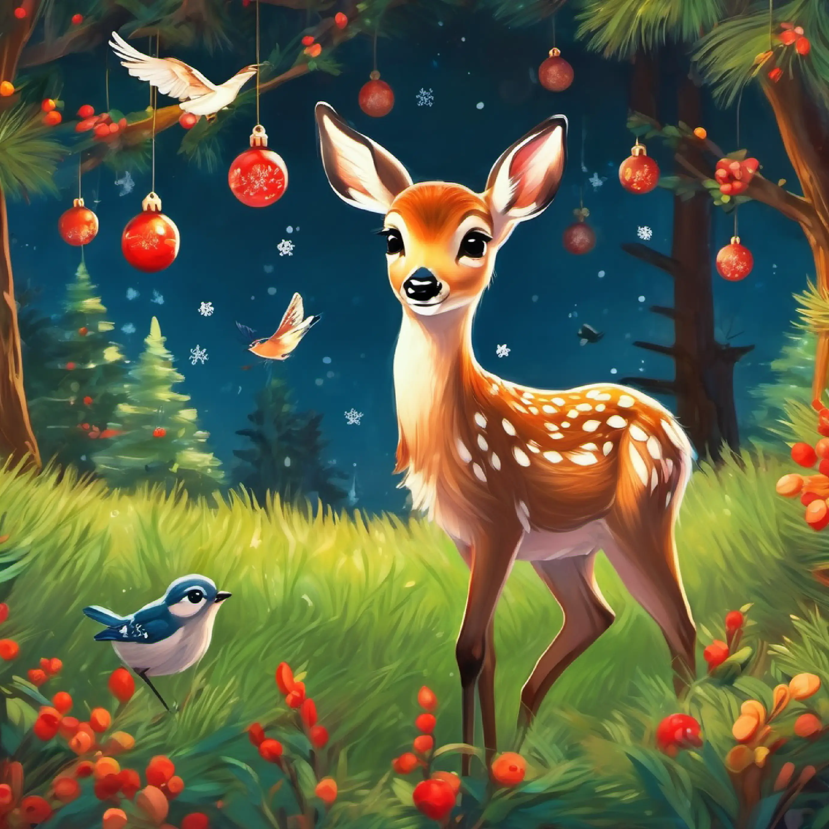 The fawn shows gratitude as birds sing happily.