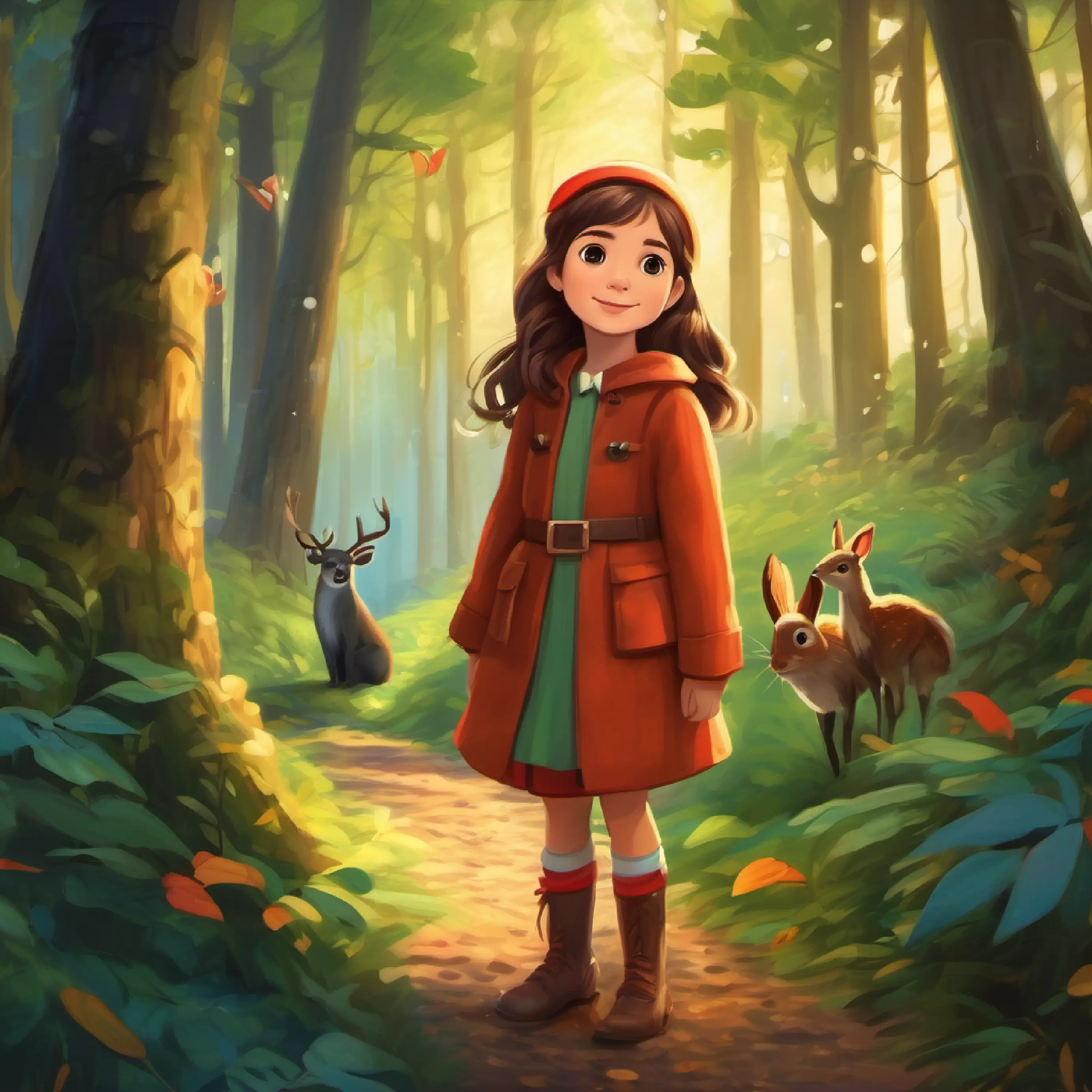 Kind-hearted little girl, long brown hair, hazel eyes gains the trust of the forest creatures.