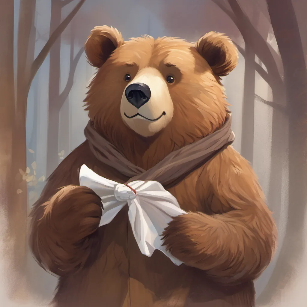 A fluffy brown bear with a worried expression, holding a handkerchief