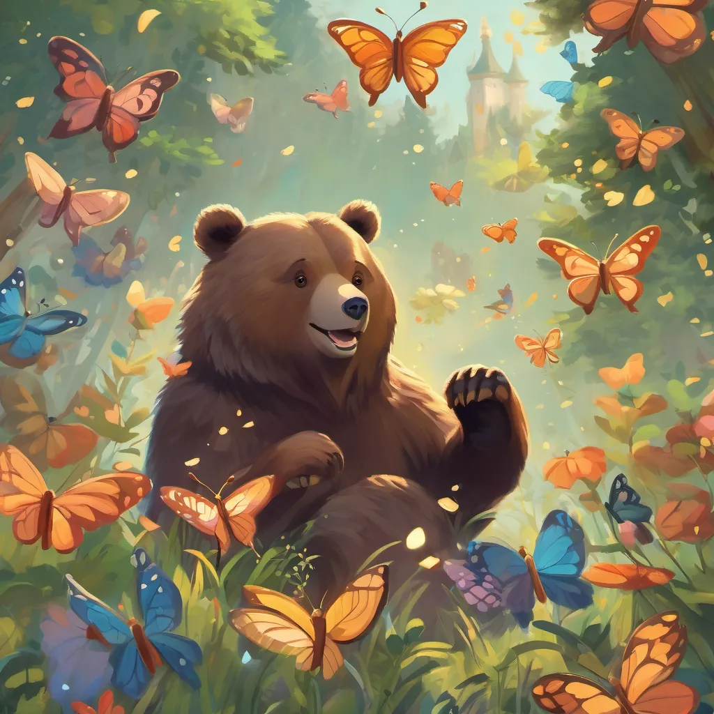 Butterflies scattering in the air as the bear sneezes, a mischievous grin on his face