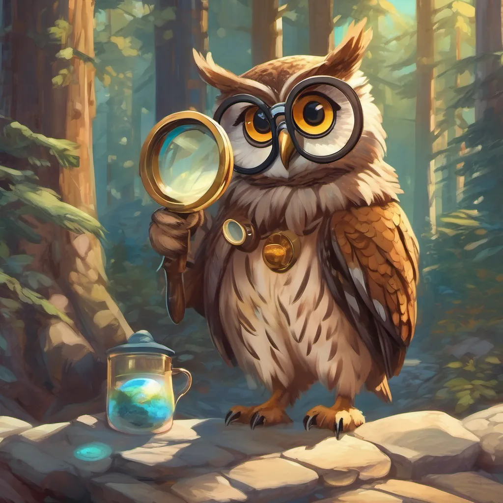 An owl wearing spectacles, examining the bear with a magnifying glass