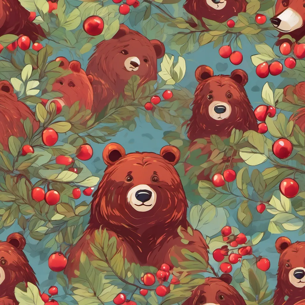 The bear looking worried, surrounded by bright red berries with smiling faces