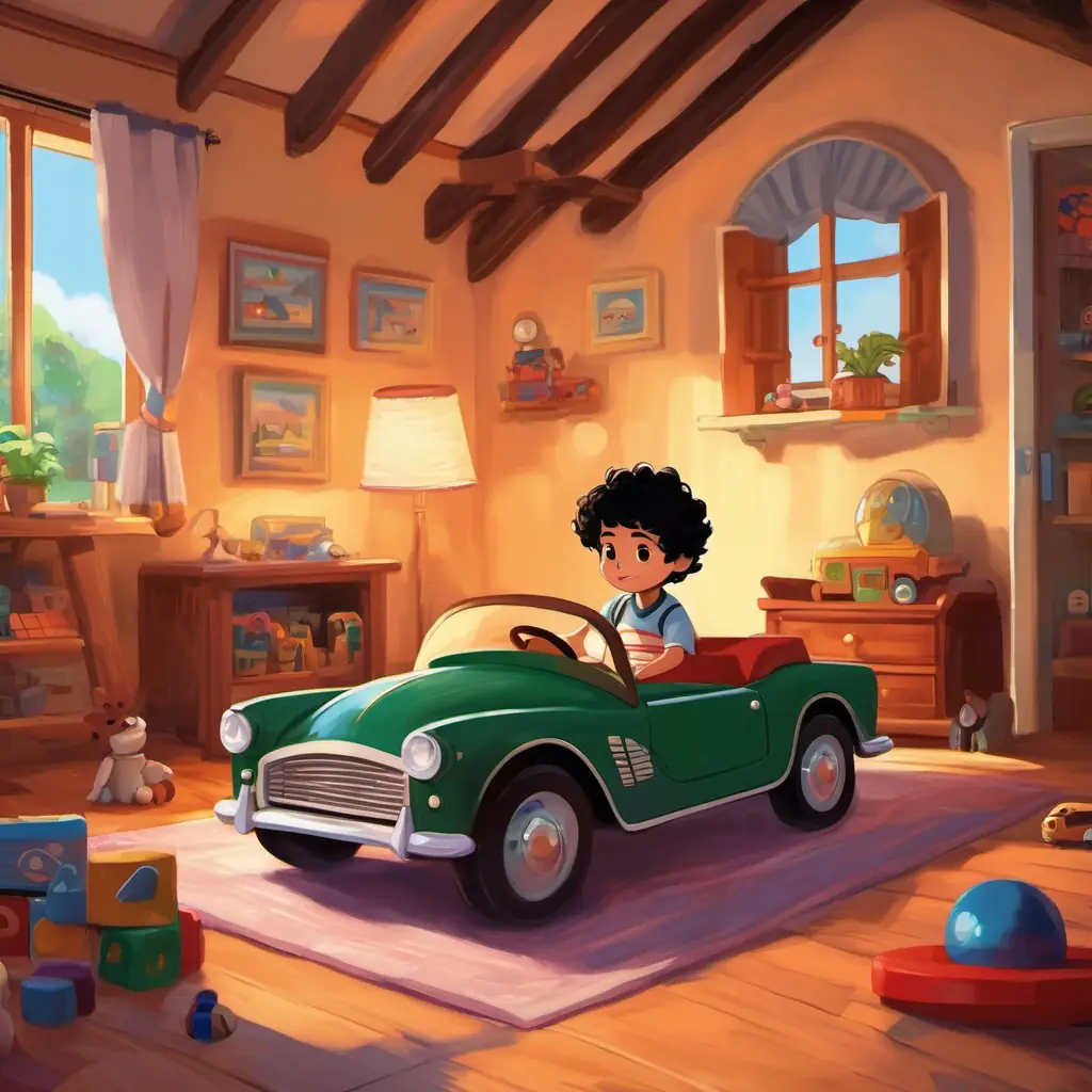 A boy with curly black hair and bright brown eyes at home with his favorite toy car, the setting is his cozy room full of toys