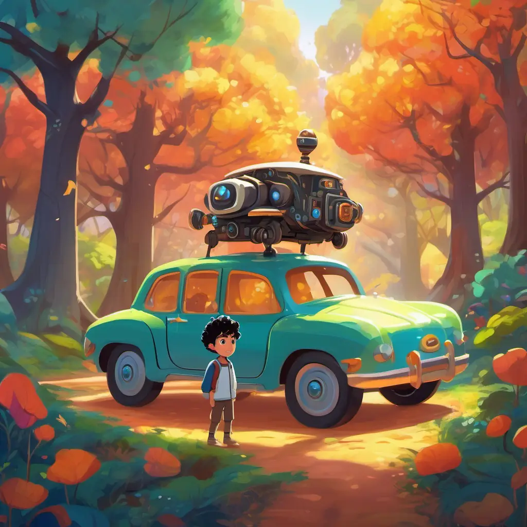 A boy with curly black hair and bright brown eyes and the robot car facing tricky obstacles, the setting is a magical forest full of colorful trees and animals