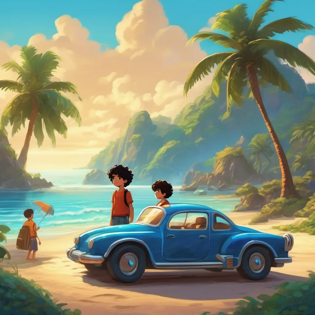 A boy with curly black hair and bright brown eyes and the robot car arriving at the mysterious island, the setting is a beautiful beach with sparkling blue water and tall palm trees