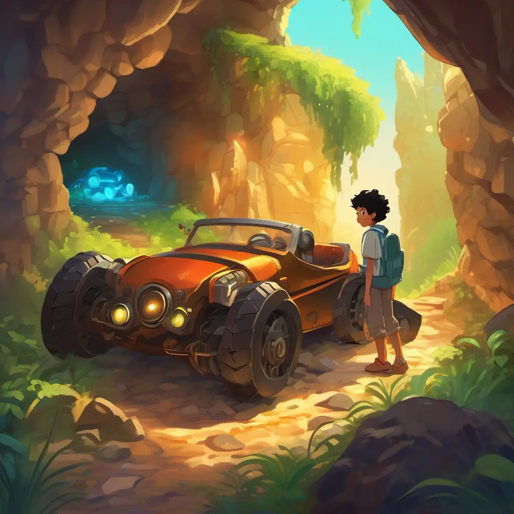 A boy with curly black hair and bright brown eyes and the robot car finding the treasure, the setting is a hidden cave filled with ancient artifacts and glowing treasure