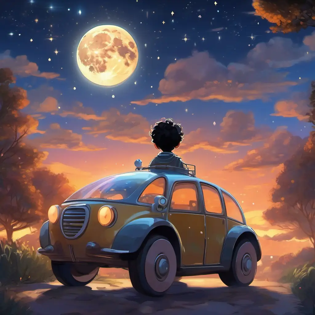 A boy with curly black hair and bright brown eyes and the robot car heading back home, the setting is the evening sky with a shining moon and a blanket of stars
