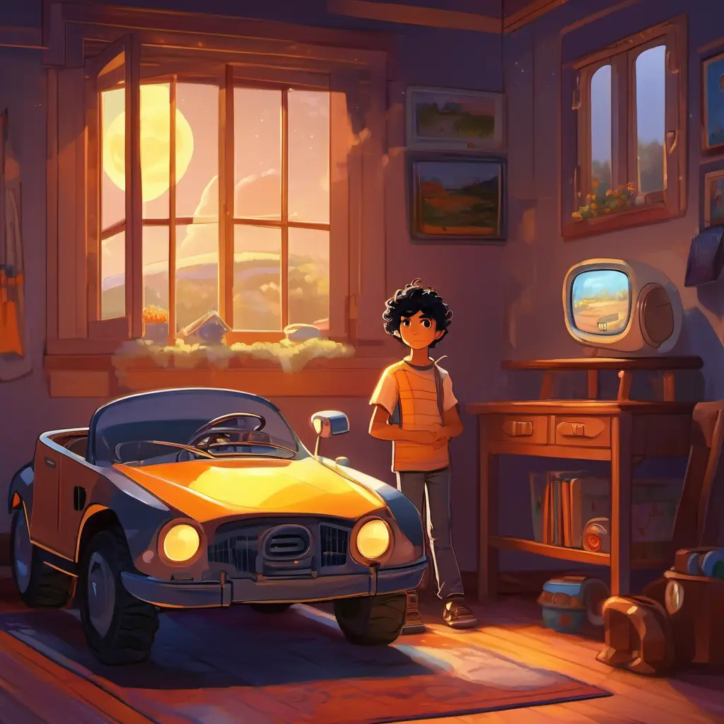 A boy with curly black hair and bright brown eyes and the robot car in A boy with curly black hair and bright brown eyes's bedroom, the setting is a cozy room with the moonlight shining through the window