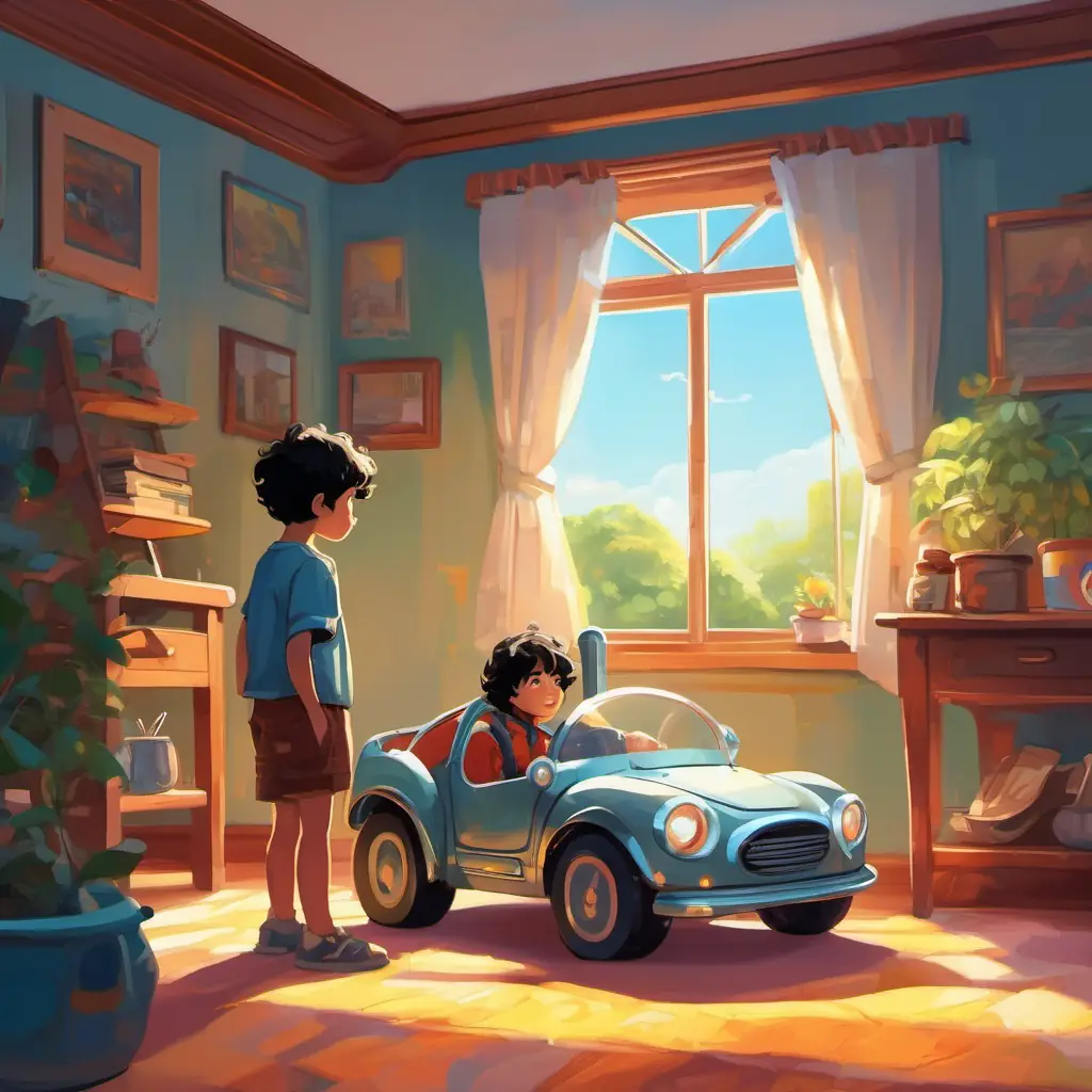 A boy with curly black hair and bright brown eyes waking up and finding his robot car, the setting is the bright morning sunlight filling the room
