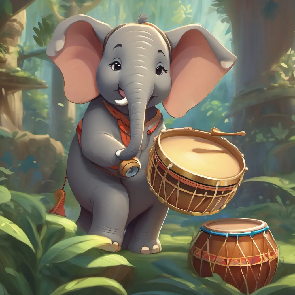 A cute elephant named A cute, playful elephant with a small drum happily practicing the drums with her trunk.