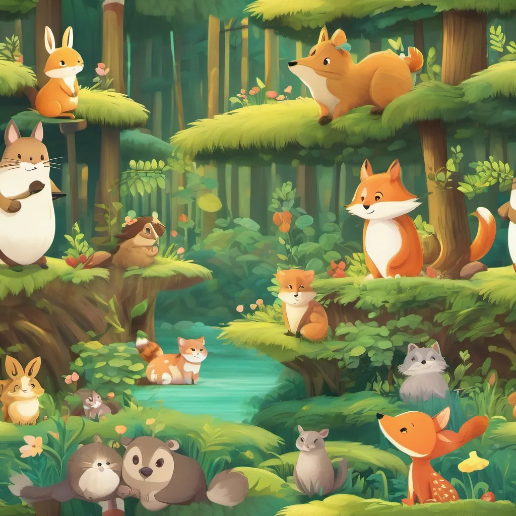 A picturesque conclusion with happy animals in the forest, celebrating their bond.