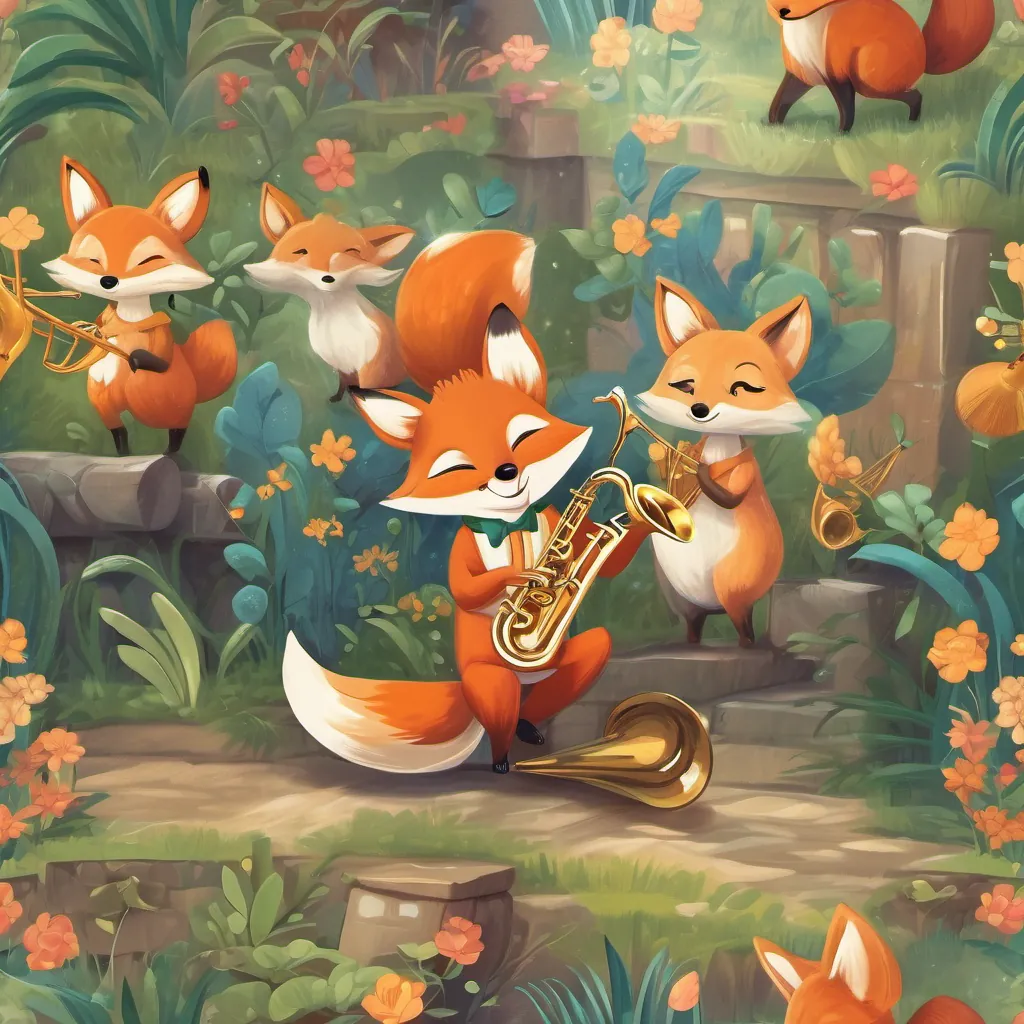 A playful fox named A charming fox with a shiny saxophone playing a shiny saxophone.