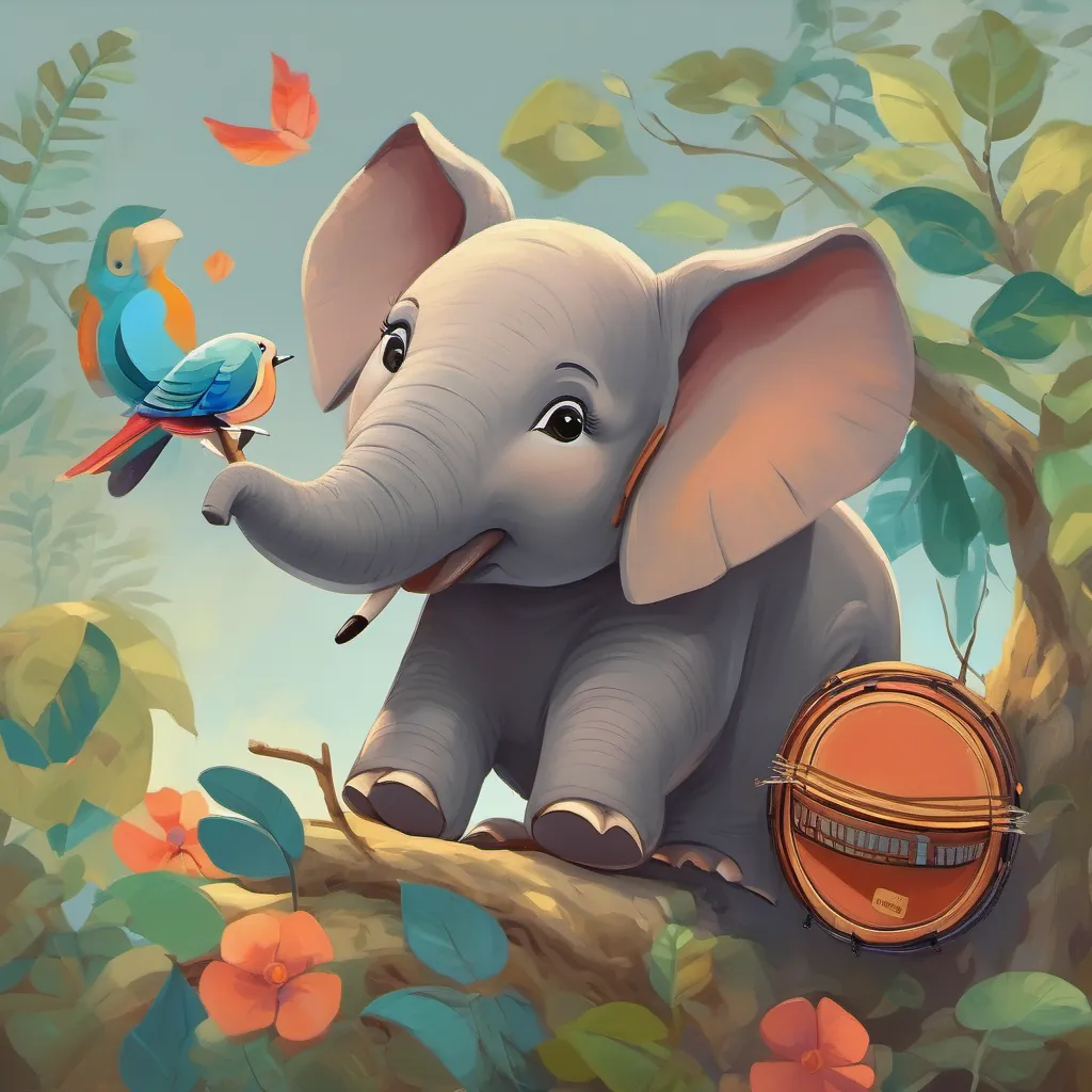 A cute, playful elephant with a small drum drumming and A small, vibrant bird singing on a branch singing in perfect harmony.