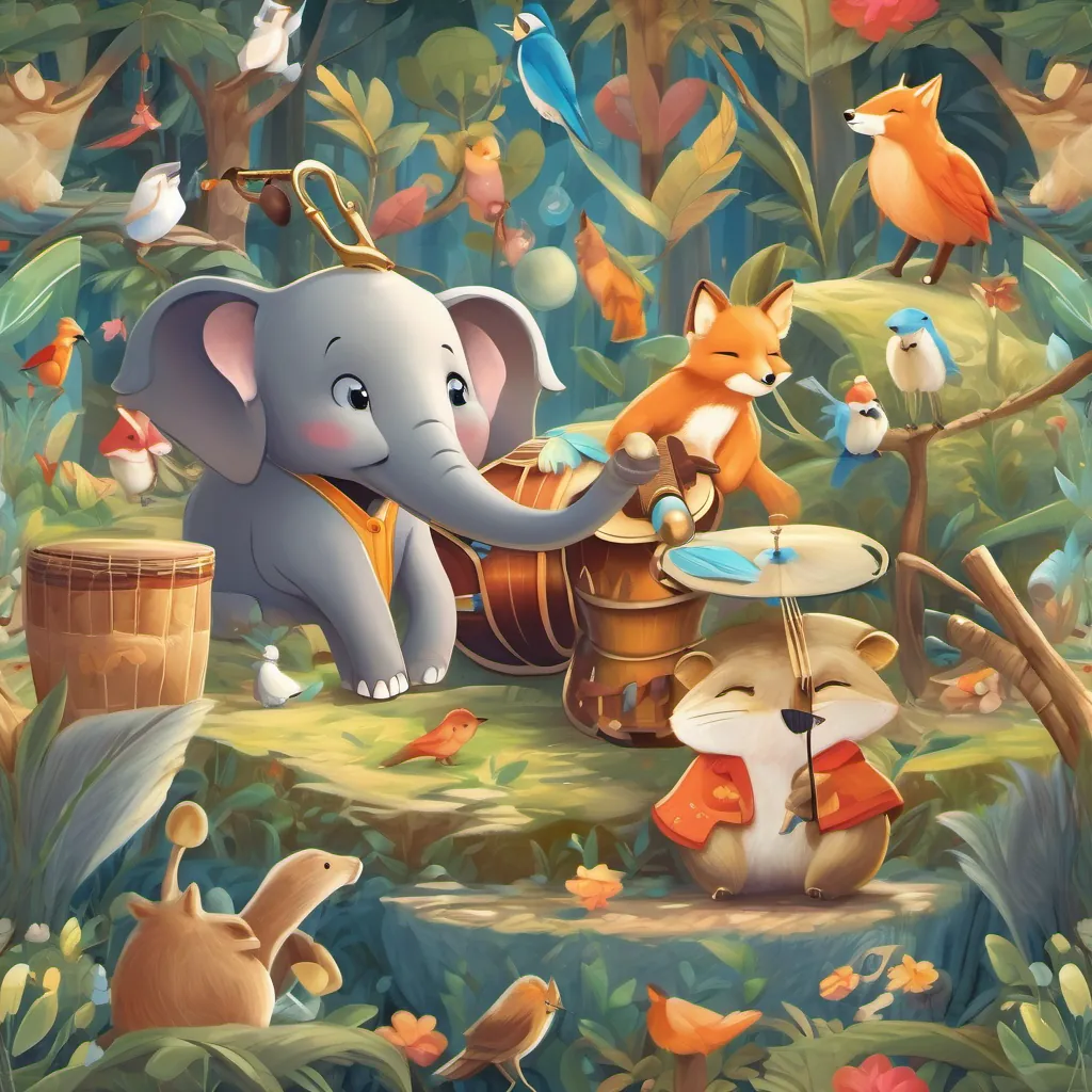 A cute, playful elephant with a small drum, A small, vibrant bird singing on a branch, and A charming fox with a shiny saxophone playing music joyfully, surrounded by happy animals.