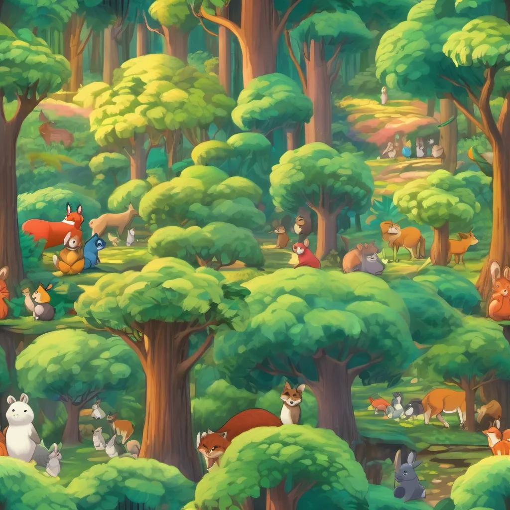 A vibrant forest with animals gathered around discussing the plan to hold a music concert.