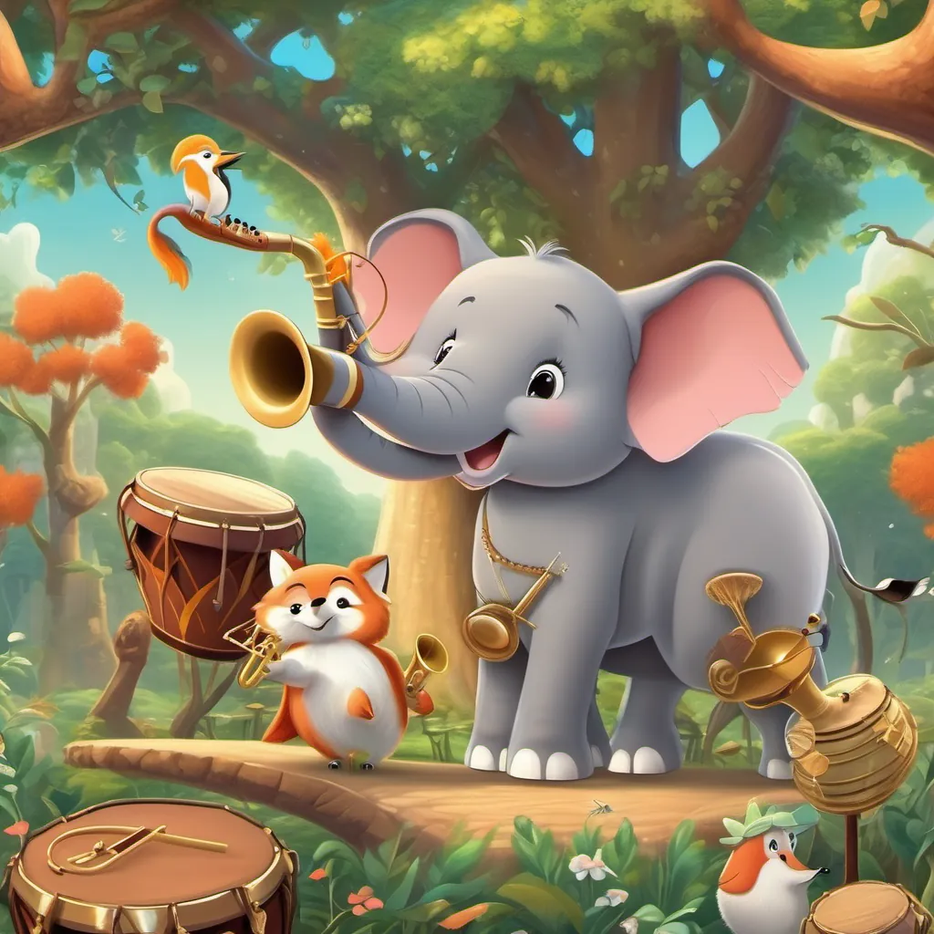 A cute, playful elephant with a small drum, A small, vibrant bird singing on a branch, and A charming fox with a shiny saxophone practicing together joyfully.