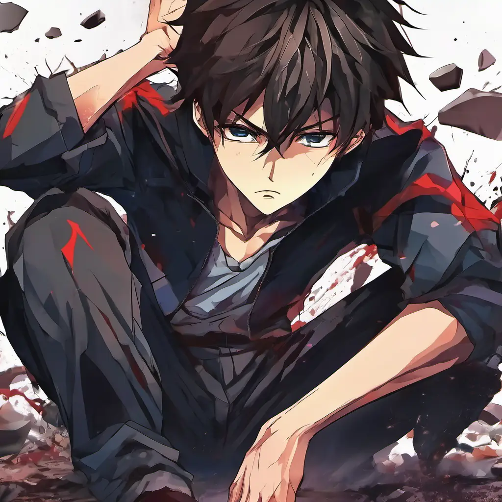 Bruised boy, dark hair, intense eyes, slender build beaten on the ground, in pain and defeated.