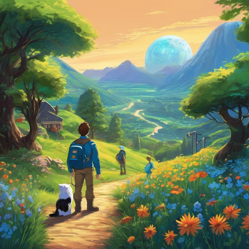 The second planet was unlike anything Oliver had ever seen before. Everything was enormous, from the trees that reached up into the sky, to the colorful flowers that grew as tall as houses. And to Oliver's surprise, he wasn't alone! Standing beside him was a friendly blue alien named Nova. "Welcome, Oliver," Nova said with a smile. "You are the chosen one. The planet's inhabitants need your help!"