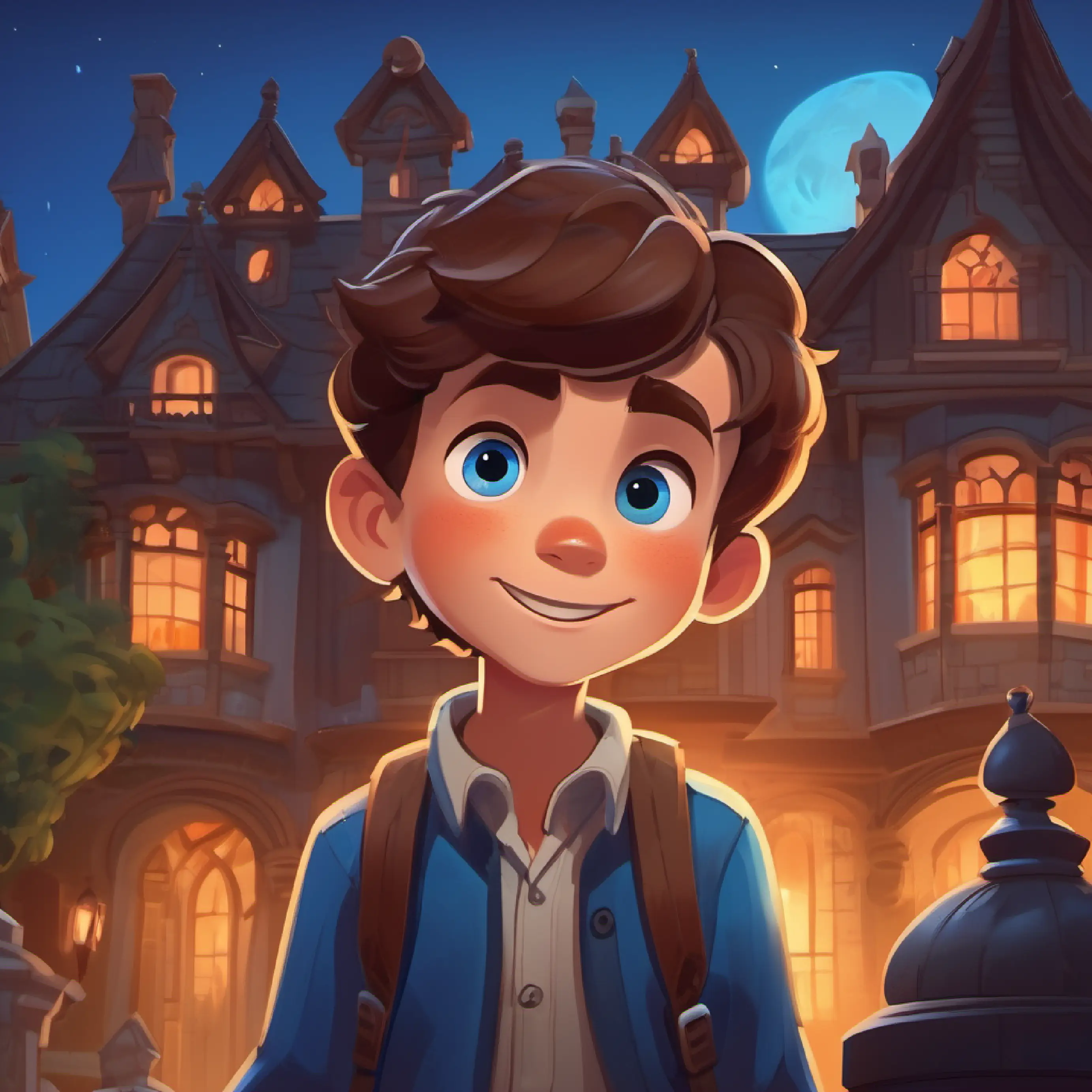 Brave boy, short brown hair, blue eyes, always smiling is introduced, becomes curious about a spooky Mansion in his town.
