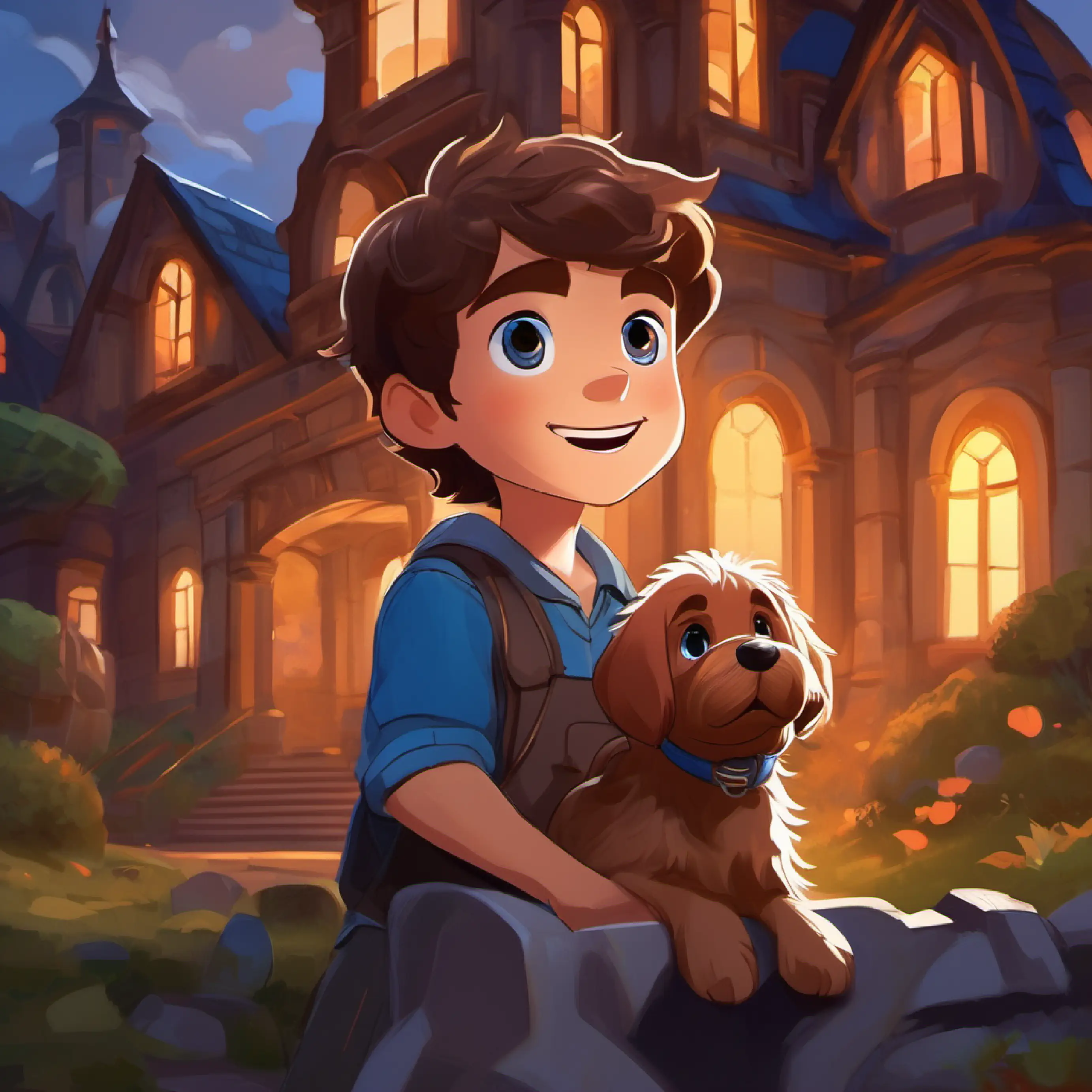 Brave boy, short brown hair, blue eyes, always smiling and his dog Fluffy dog, big brown eyes, very loyal to Brave boy, short brown hair, blue eyes, always smiling approach the spooky Mansion, feeling adventurous.