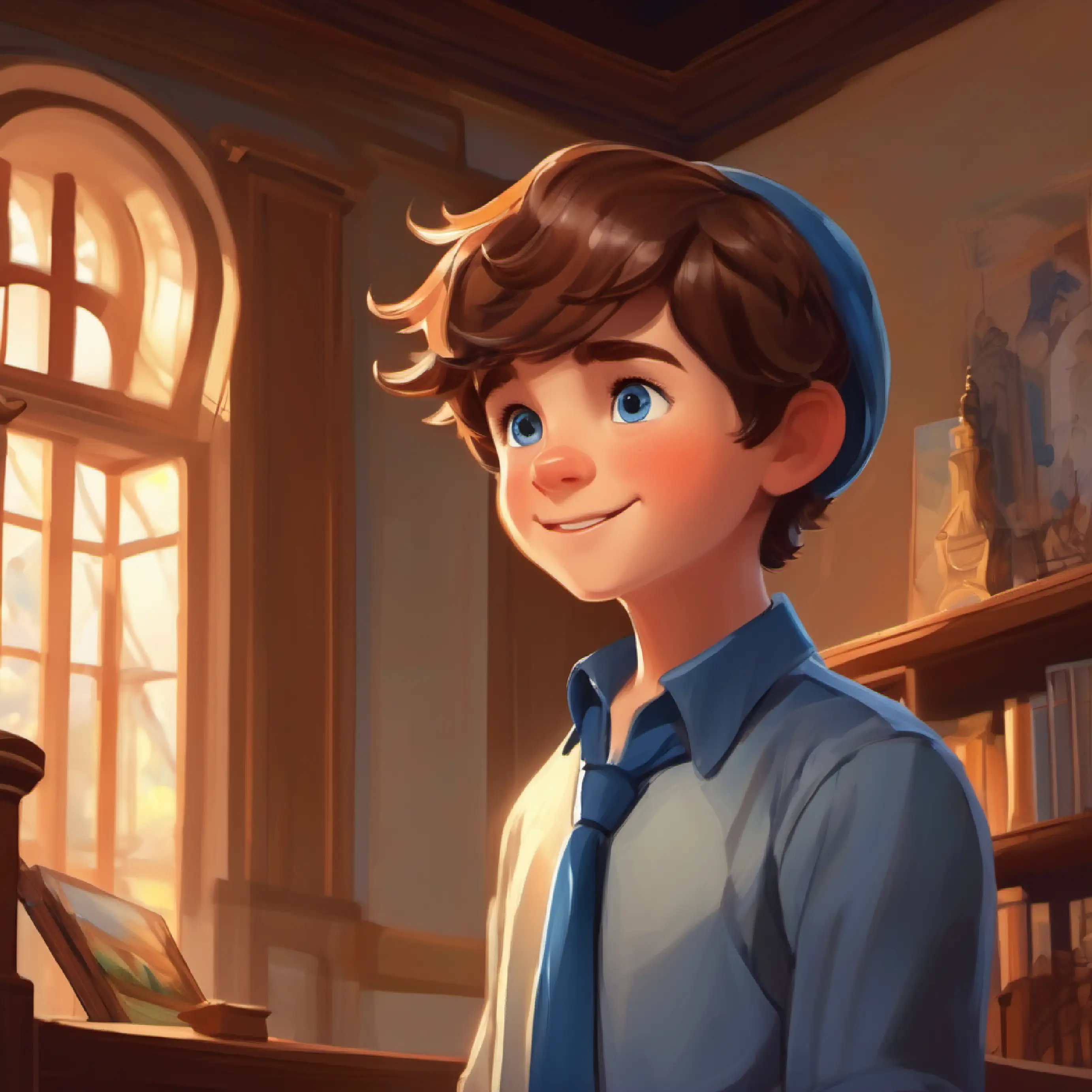 Inside the Mansion, Brave boy, short brown hair, blue eyes, always smiling talks to friendly, talking paintings.